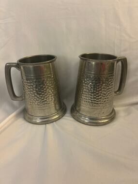 Vintage Hammered English Pewter Tankards - Pair of 2 Sheffield Beer Mugs